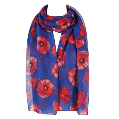 Image of London Scarfs Ladies Scarves Poppy Flower Print Design Neck Wrap Shawl for Women s (Royal Blue)