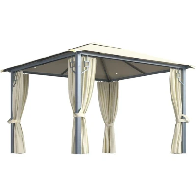 Image of vidaXL Gazebo with Curtain&amp;LED String Lights 3x3 m Cream Aluminium