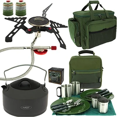 Image of NGT Carp Fishing Gas Stove 3000w + 109 Deluxe Cutlery 1.1L Kettle 2 709 Bag