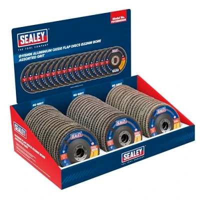 Image of Sealey Assorted Grit Flap Discs Aluminium Oxide 115mm 22mm Bore Display Box of 60