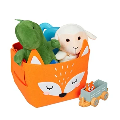 Image of Relaxdays Felt Storage Basket, Animal Motif, Children, Foldable, HxWxD: 24 x 27 18 cm, Toys, Fox Design, Orange
