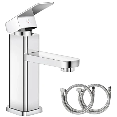 Image of Bathroom Taps, Basin Mixer Tap Kitchen Faucet Chrome Brass Cloakroom Sink Tap, Single Hole with 2 Hoses, Hot and Cold Dual Control, Corrosion High Temperature Resistant Anti Scratch