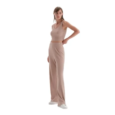 Image of Dagi Women&#039;s High Waist Wide Leg Trouser Pyjama Bottom, Light Brown, M