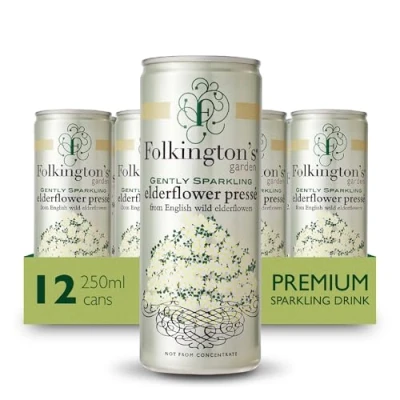 Image of Folkington&#039;s Elderflower Soft Drink Pressé, 12 Cans, Gently Sparkling, Great Cocktail and Gin Mixer, 250 ml Pack of