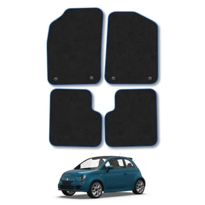 Image of Car Mats Compatible with Fiat 500 (2013 ) Tailored Fit Blue Carpet Floor Set Accessory Custom 4 Pieces Anti Slip Backing &amp; Binding Trim Edge