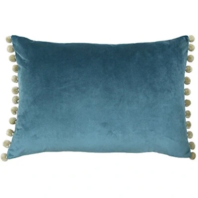 Image of Riva Paoletti Fiesta Rectangular Cushion Cover Duck Egg Blue Natural Beige Pompom Edges Faux Velvet Reversible Zip Closure 100% Polyester 35 x 50cm ( 14&quot; 20&quot; inches)