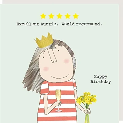 Image of Rosie Made A Thing Five Star Auntie Birthday Card Humour Greeting Cards FSR17