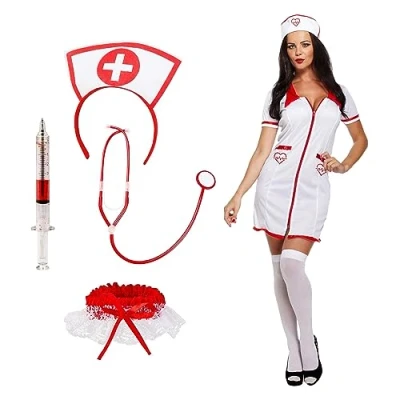 Image of Lizzy 1 x 4pc Nurse Set + Sexy Costume Adult Ladies Cosplay Halloween Fancy dress accessory Theme party Doctor&#039;s Helper, Carnival Outfit