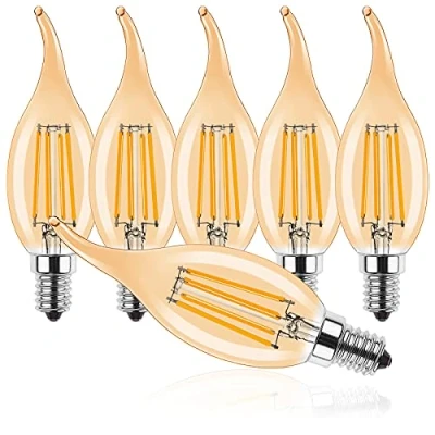 Image of ProCrus E14 4W LED Candle Vintage Light Bulb,Filament Flame Tip LED,C35 Small Edison Screw Candelabra SES Bulb,2700K Warm White,40W Bulb Equivalent,Non Dimmable,Amber,6 Pack,Energy Class F