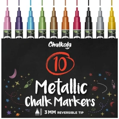 Image of Metallic Liquid Chalk Pens Fine Tip Dry Erase Marker Pen for Chalkboard Signs, Windows, Blackboard, Glass 3mm Reversible (10 Pack)