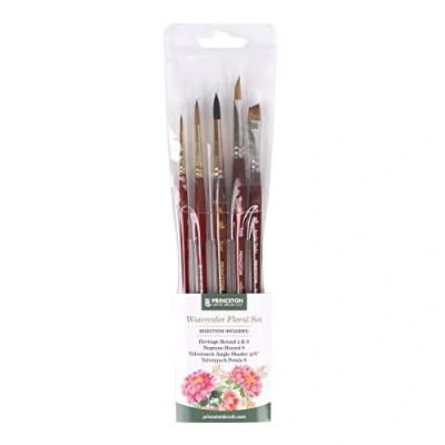 Image of Princeton Watercolour Floral Set, 5 x Mixed Brushes, Watercolour, Short Handle, Ideal for Professionals &amp; Students