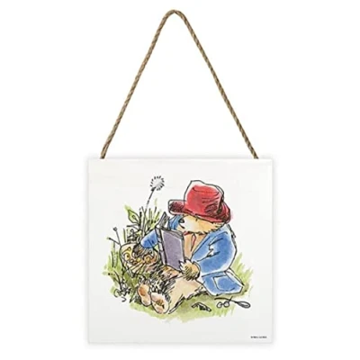 Image of Pyramid International Paddington Bear Artwork (Picnic with Design) 20cm x 3cm Woodblock Hanging Cord Official Merchandise ​, Blue,Gold,Red
