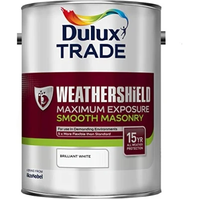 Image of Dulux Trade Weathershield Maximum Exposure Smooth Masonry Paint, Pure Brilliant White 5L