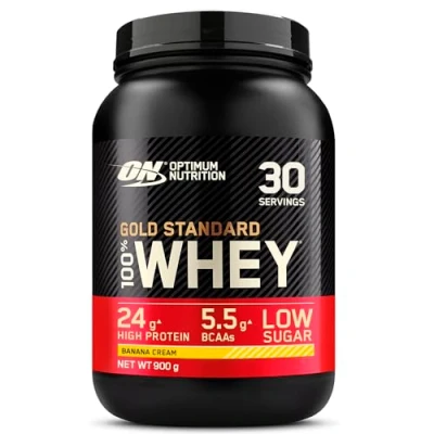 Image of Optimum Nutrition Gold Standard 100% Whey Muscle Building and Recovery Protein Powder With Naturally Occurring Glutamine BCAA Amino Acids, Banana Cream Flavour, 30 Servings, 900 g