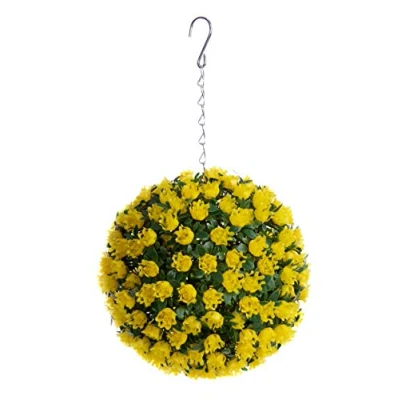 Image of Best Artificial 23cm Rose Topiary Hanging Flower Ball **UV Fade Protected** (Yellow)