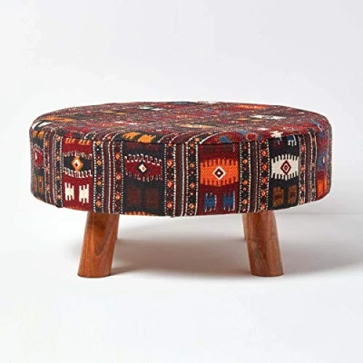 Image of HOMESCAPES Traditional Style Circular Kilim Footstool 62 x 30 cm