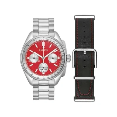 Image of Bulova Pilot 43.5mm Lunar Quartz Watch with Chronograph, Calendar, Stainless Steel Strap and Additional Interchangeable Black Leather Strap, red, Bracelet