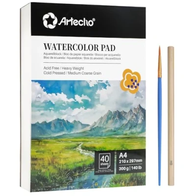 Image of Artecho Watercolour Paper A4 Pad 40 Sheets with Brush and Pencil, Water Colour 300gsm, Art Pad, Sketchbook for Painting, Drawing, Sketching Mixed Media
