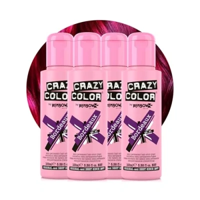 Image of Crazy Color Vibrant Bordeaux Semi Permanent 4 Pack Quad Hair Dye. Highly Pigmented Plum Wine Conditioning &amp; Oil Nourishing Vegan Formula No Bleach or Ammonia 400ml