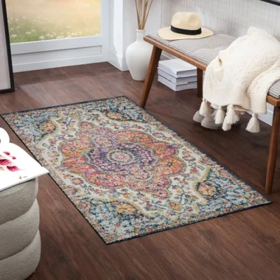 Image of Livabliss Rabat Vintage Rug Runner Rugs Living Room 80x150 cm, Hallway, Kitchen Area Traditional Multicoloured Boho Rug, Easy Care Bohemian Large Fuchsia, Orange and Blue