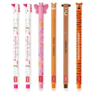 Image of LEGAMI Set of 6 Erasable Gel Pens with Thermosensitive Erase Ink, Range ink colours &amp; barrel designs, 0.7mm Tip, Unicorn, Butterfly, Corgi, Teddy Bear, Tiger Designs