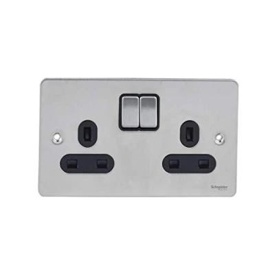 Image of Schneider Electric Ultimate Flat Plate Switched Double Power Socket, Pole, 13A, GU3220BSS, Stainless Steel with Black Insert