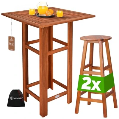 Image of CASARIA® Bar Table and Stool Set Outdoor or Indoor 2x Kitchen Stools 110x75x75cm High Tall Made from Rustic Solid Acacia Wood Weatherproof Garden Furniture