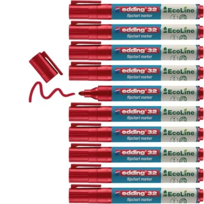 Image of edding 31 EcoLine flipchart marker red box of 10 round nib 1,5 3 mm for writing, drawing on paper does not bleed through dry out refillable