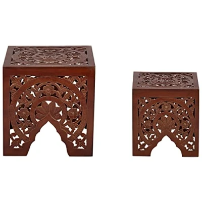 Image of Beliani Rustic Style Nest of 2 Handmade Side End Tables Openwork Design Dark Wood Shukur