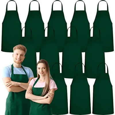 Image of 12 Pack Bib Apron Unisex Green Aprons, Machine Washable Aprons for Men and Women, Kitchen Cooking BBQ Bulk (Pack of 12, No Pockets, Green)