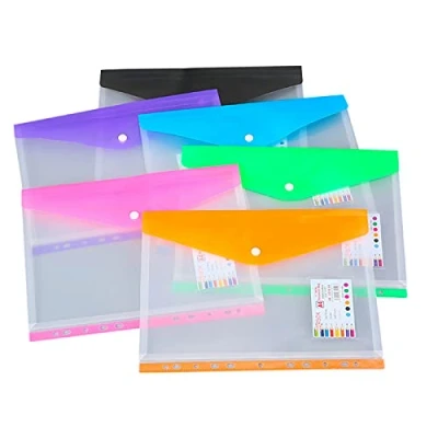 Image of Punched Pockets A4 Plastic Wallets 6 Pcs, Document Wallets, Clear Popper Folder Envelopes with Pocket, Wallets,11 Hole Binder Files,with Snap Closure for School Home Work Office