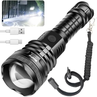 Image of WholeFire Rechargeable 90000 Lumens LED Torch Super Bright, USB Charging Powerful XHP90 Flashlight, 5 Modes High Power Torches Zoom Waterproof Best for Hiking Camping Outdoors &amp; Indoors