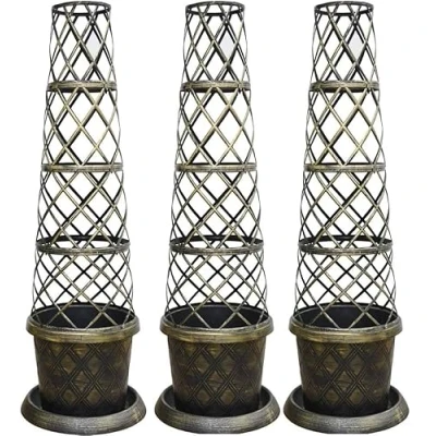 Image of Thompson &amp; Morgan Large Patio Tower Pot Frame Saucer Kit Matching Lattice Style Black Burnt Gold Effect Planting Climbing Flowers Vines Vegetables Durable Plastic (3 x Kit)