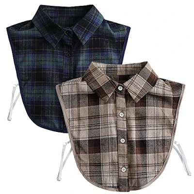 Image of LoudSung Fake Collar Detachable Blouse False Half Shirts Plaid Designed Cotton Top Elegant for Women 2PCS