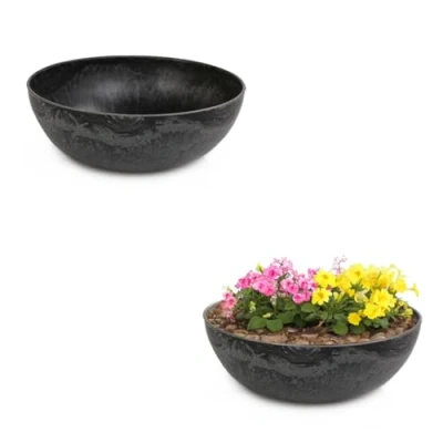 Image of matches21 HOME &amp; HOBBY Weatherproof Outdoor Plant Bowls 2 Decorative in Black Marbled as Flower Garden 30 cm for Flowers, Bonsai or Cemetery Grave Bowl