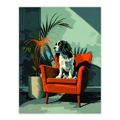 Image of Artery8 Springer Spaniel Dog Lover Red Armchair Portrait For Living Room Large Wall Art Poster Print Thick Paper 18X24 Inch