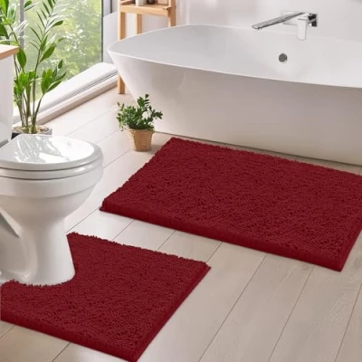 Image of LuxUrux Luxury Chenille (2 Piece) Bath Mat Set, Soft Plush Anti Slip Rug + Toilet Mat.1&#039;&#039; Microfiber Shaggy Carpet, Super Absorbent (Maroon, 80 x 50 cm U Shaped cm)