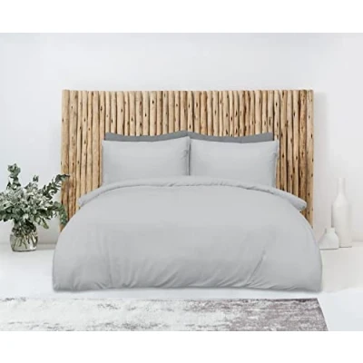 Image of Sleepdown 100% Bamboo Cotton Plain Grey Duvet Cover Quilt Pillow Cases Bedding Set Soft Easy Care Super King (220cm x 260cm)