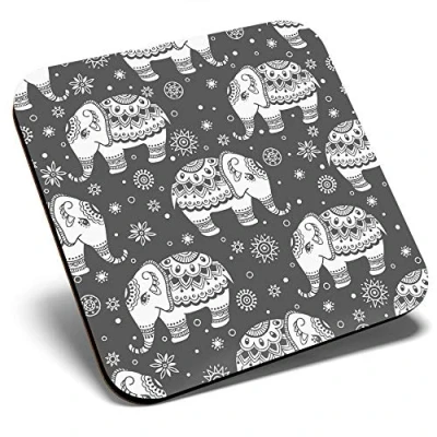 Image of Great Single Coaster Square BW Indian Elephant Pattern Glossy Quality Coasters Tabletop Protection for Any Table Type #35860