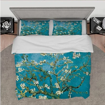 Image of Wewoo Home Van Gogh Almond Blossom Quilt Set Bedding Queen Comforter Covers Aesthetic Aqua Blue Duvet Cover 3 Piece for Kids Bedroom Double