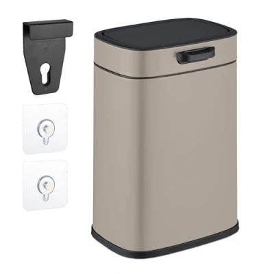 Image of Relaxdays Kitchen 5 L, Organic, Inner, Hanging &amp; Adhesive Pads, Door Waste Bin, Beige, 30% plastic 70% iron