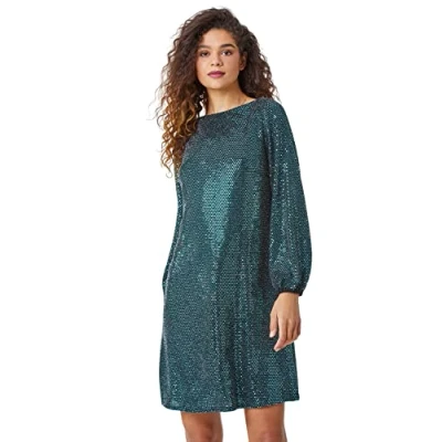 Image of Roman Originals Sparkle Detail Swing Dress for Women UK Ladies Autumn Everyday Winter Holiday Round Neckline Comfy Long Sleeve Soft Stretch Jersey Frock Sequin Gowns Green Size 12