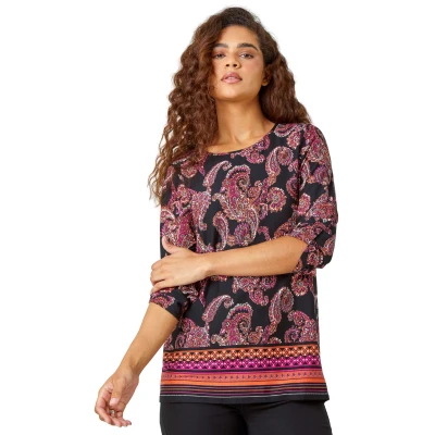Image of Roman Originals Paisley Border Print Tunic Stretch Top for Women UK Ladies Everyday Autumn Winter Round Neckline Comfy Soft Evening Vacation Work Party Night Out Red Size 10