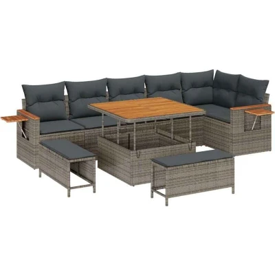 Image of vidaXL 9 Piece Garden Sofa Set with Cushions Grey Poly Rattan Acacia