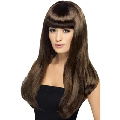 Image of Smiffys Babelicious Wig, Brown Long, Straight with Fringe, Ladies Glamour Wigs Fancy Dress, Adult Dress Up