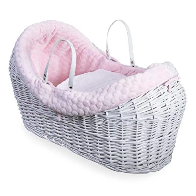 Image of Clair de Lune Marshmallow Wrapover White Wicker Noah Pod Integrated Hood Includes Handles, Coverlet, Padded Liner and Hypoallergenic Mattress Suitable from Birth 76 x 29 45 cm (Pink)
