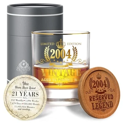 Image of CROWNLY CRYSTAL® 2004 21st Birthday Gifts for Men Personalised Whiskey Glasses Gift Ideas Brother Male Him Presents Decoration