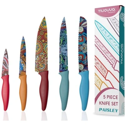 Image of nuovva Professional Kitchen Knife Set 5pcs Paisley Pattern Knives Stainless Steel Granite Non Stick Blades Chefs, Filleting, Bread, Paring and Utility