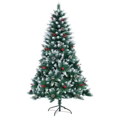 Image of 1.8m (6Ft) Flocked Artificial Christmas Tree with 634 Pencil Tips Balmoral Fir Snowy Branches, Berries and Pine Cones Decorations Metal Stand Bushy Luxury Xmas Home Centerpiece