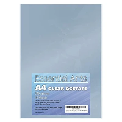 Image of Essential Arts A4 Clear Acetate 240 Micron Pack of 10 Sheets. Extra Thick PVC Binding Cover Ideal for Etching, Craft, Stencils Picture Frames and Gifts